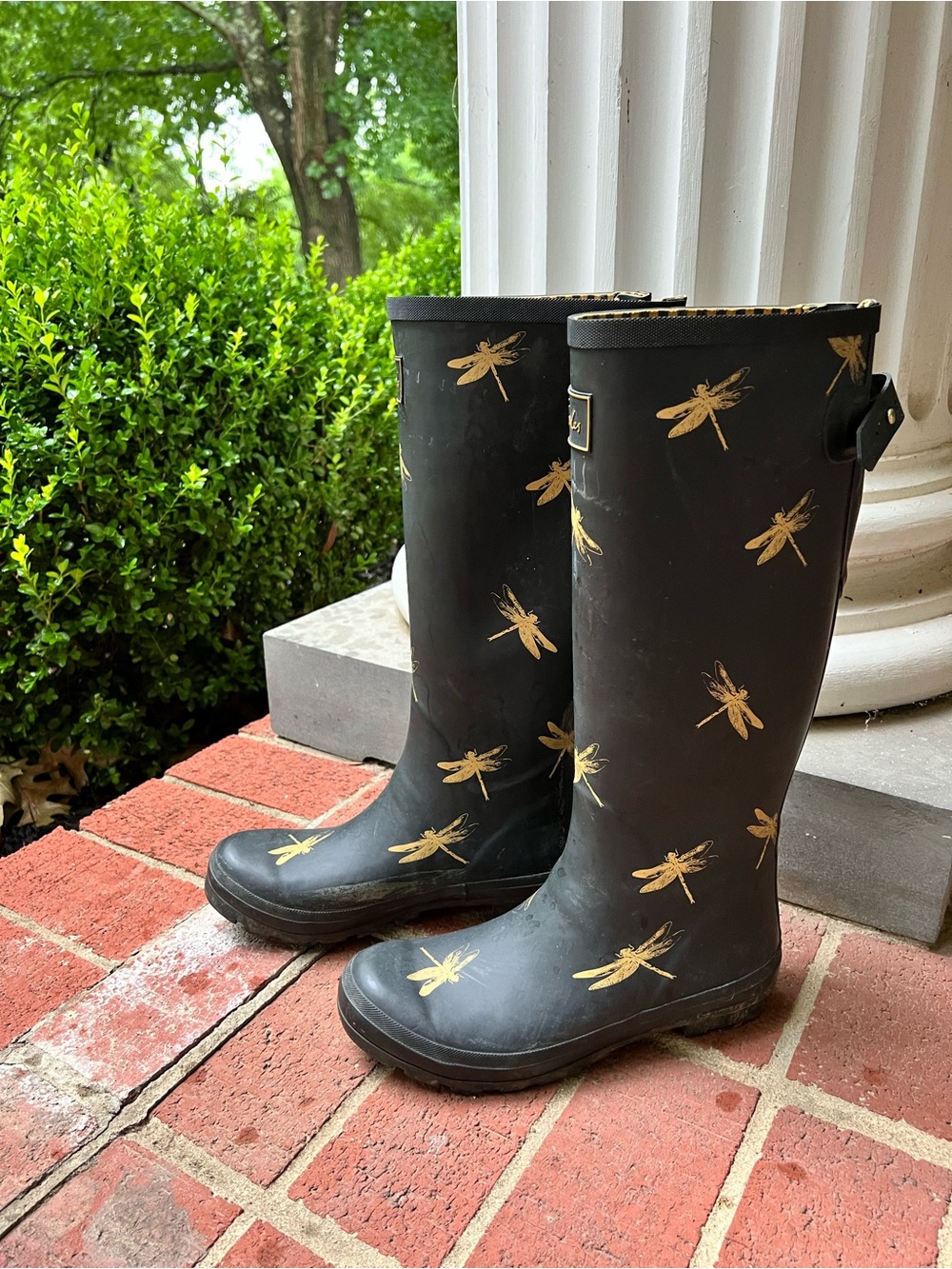 Joules Women’s Welly Black Rain boots with Gold Dragonflies size 9